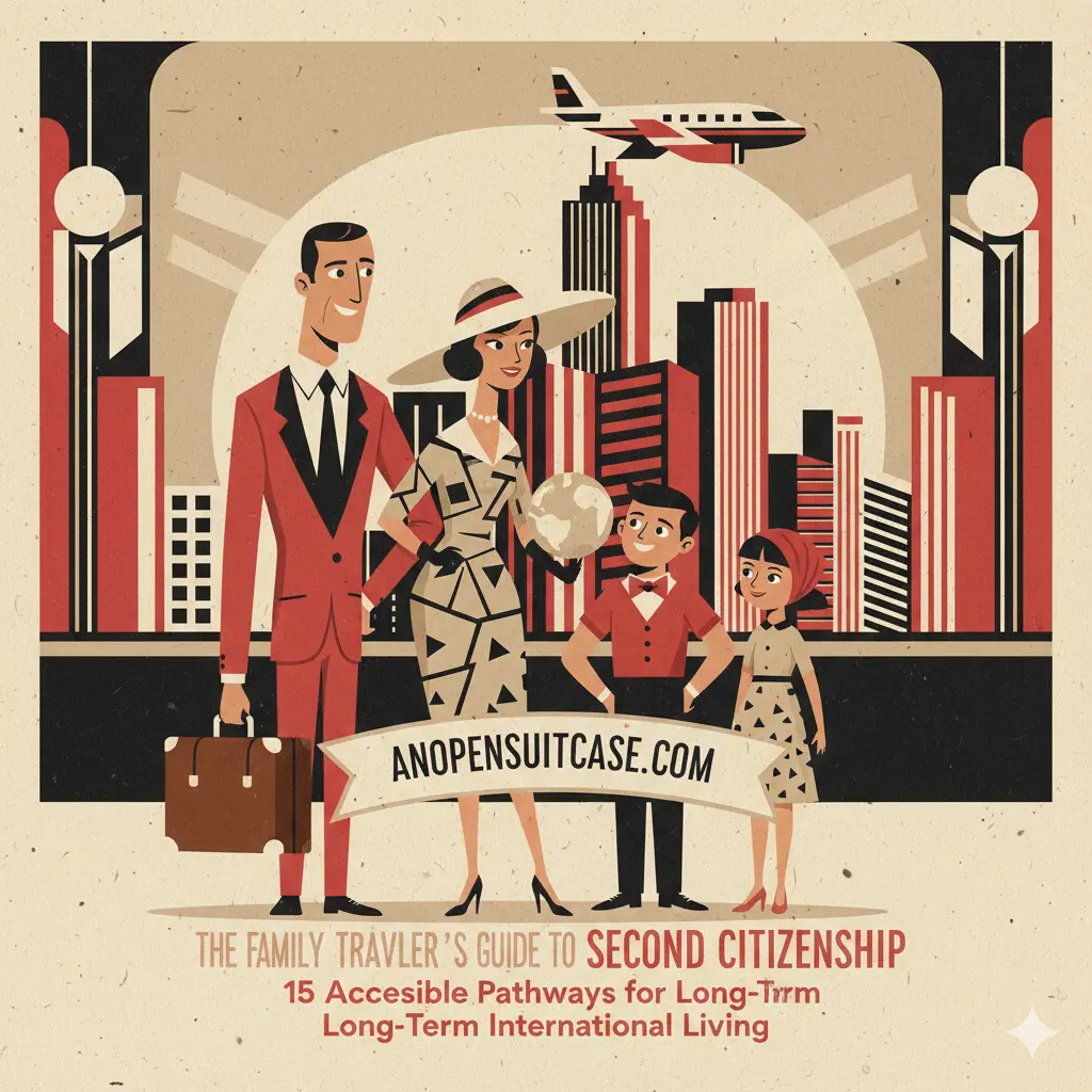 comic kind of style image of a family and a city skyline in the back